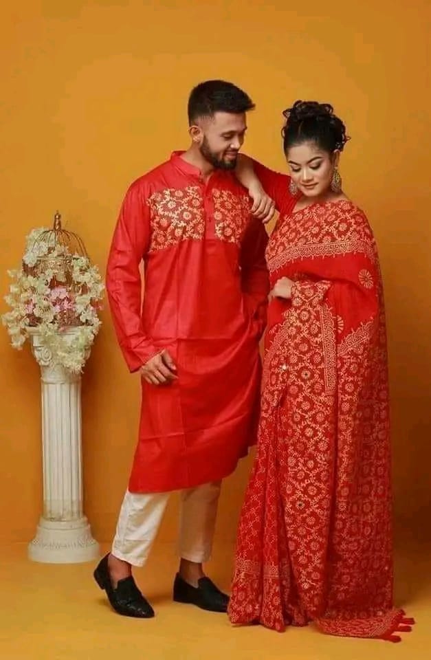 RED COLOUR SKIN PRINTED SARI WITH PANJABI-RED_01