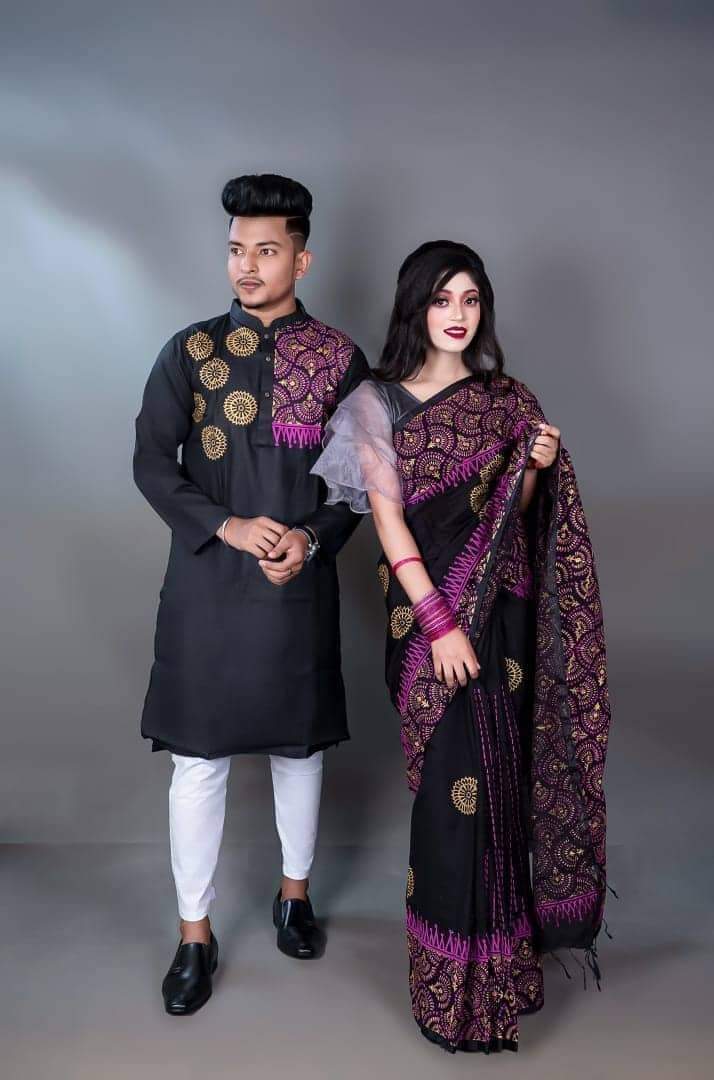 BLACK COLOUR SKIN PRINTED SARI WITH PANJABI-BLACK05