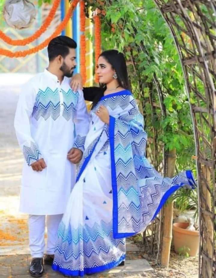 WHITE COLOUR SKIN PRINTED SARI WITH PANJABI-WHITE 02